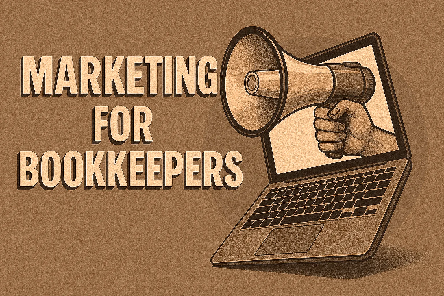 Illustration of a hand holding a megaphone that emerges from a laptop screen next to the words 'Marketing for Bookkeepers'.