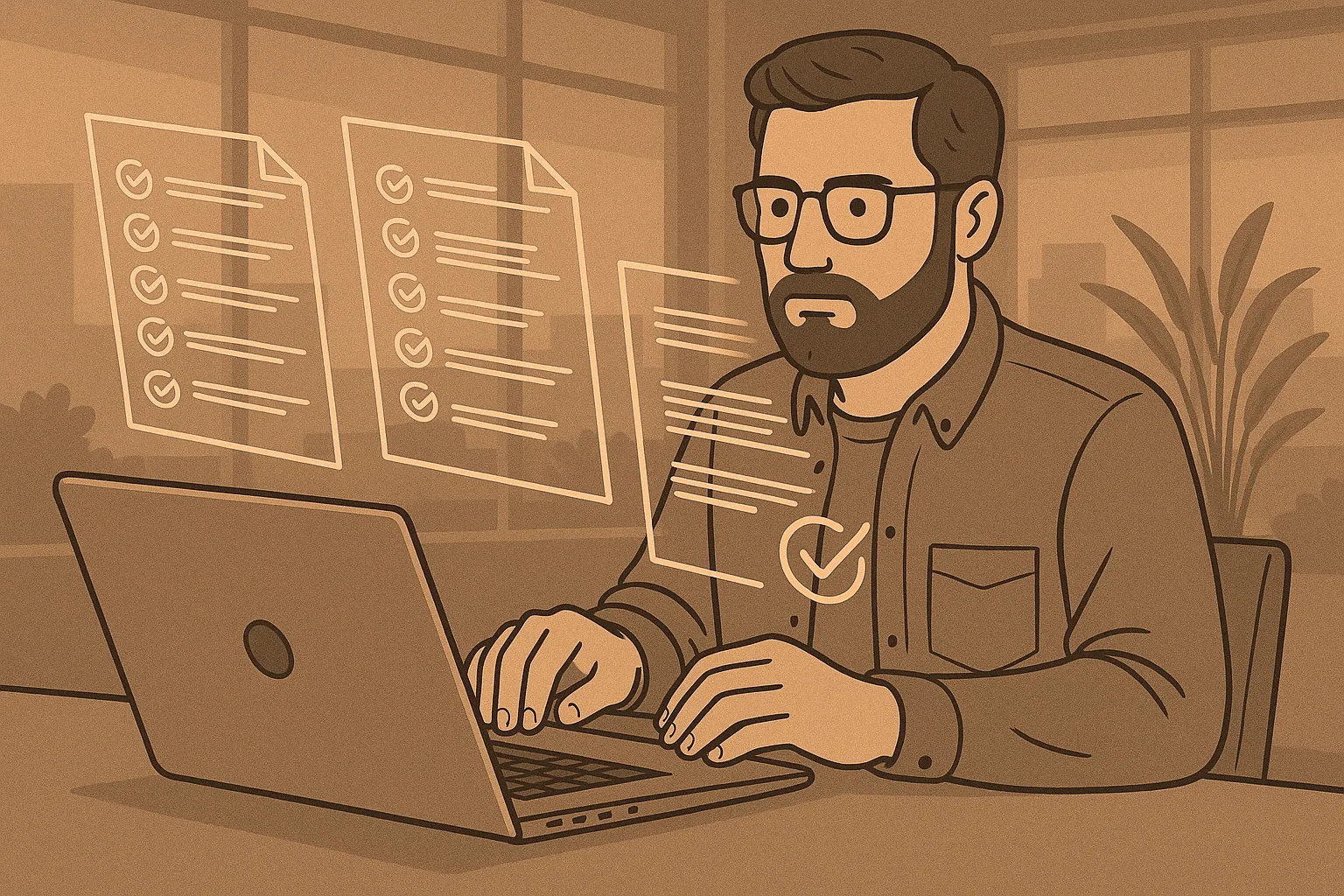 Illustration of a professional reviewing checklists on a laptop, representing due diligence when buying a bookkeeping business.