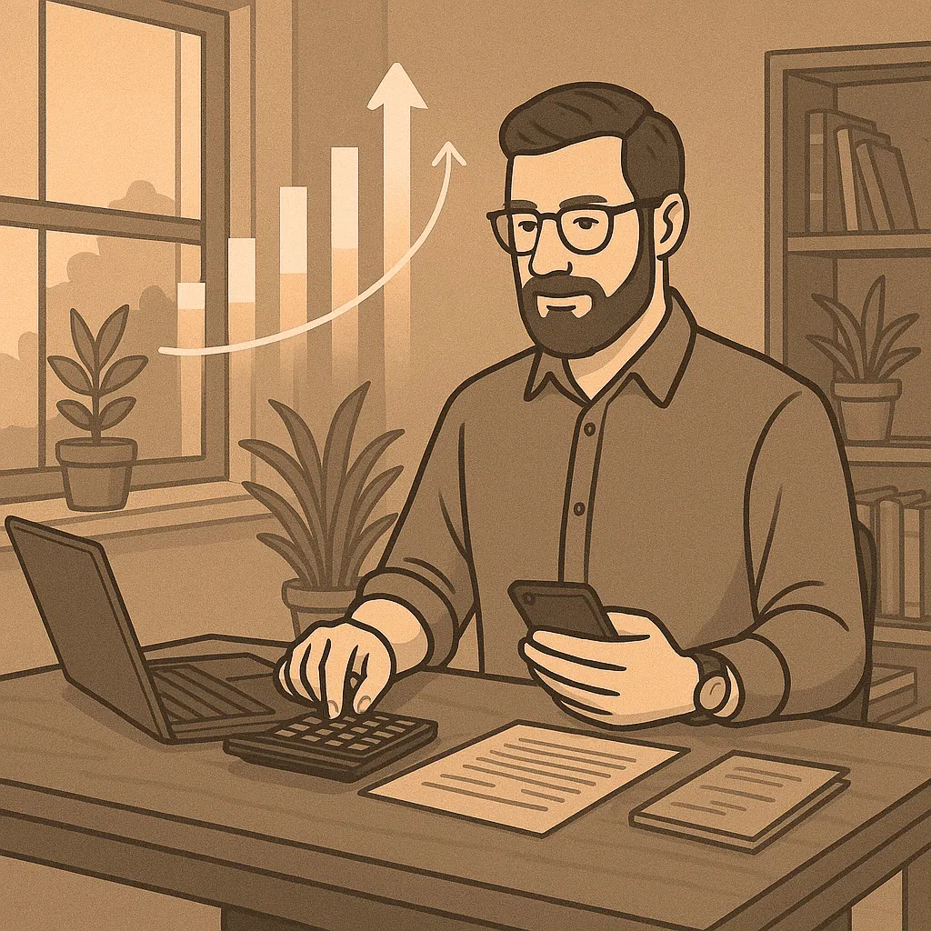 An illustration of a man sitting at a desk calculating his profits