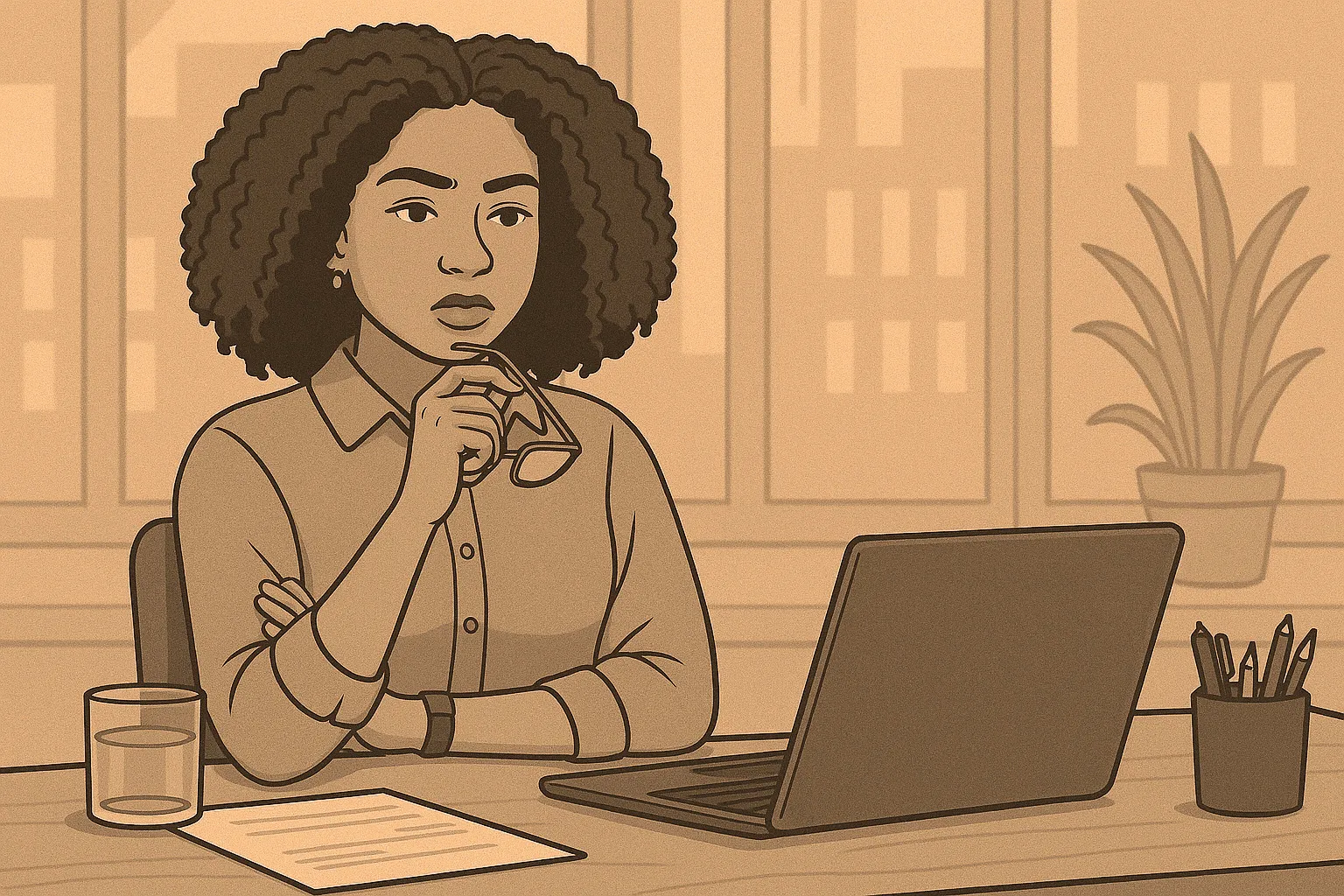 An illustration of a woman thinking at laptop, holding glasses