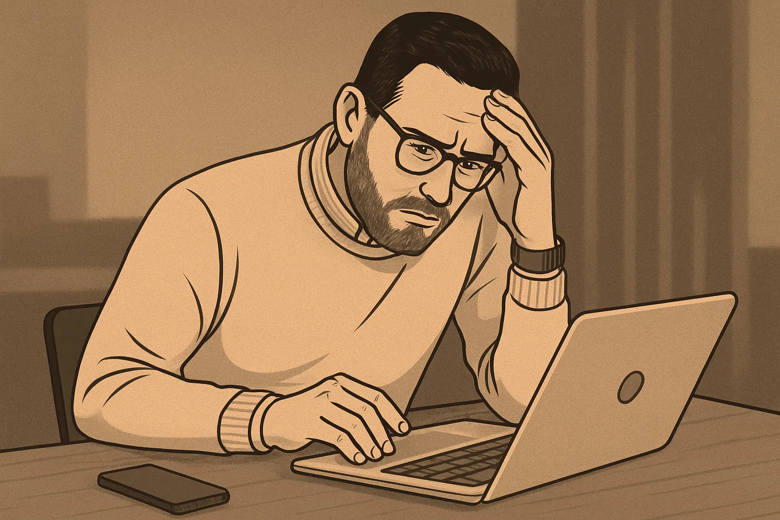 An illustration of a man focused on laptop, hand on forehead