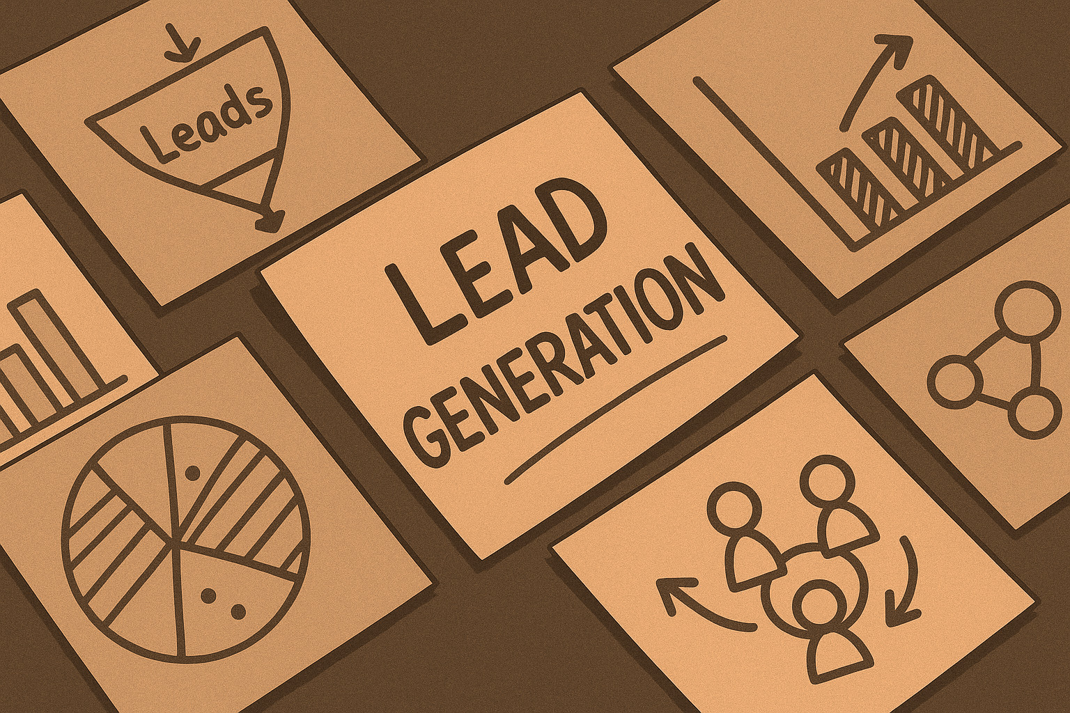 Illustration shows notes with 'Lead Generation,' funnel, charts, and network icons, representing various methods for acquiring bookkeeping leads.