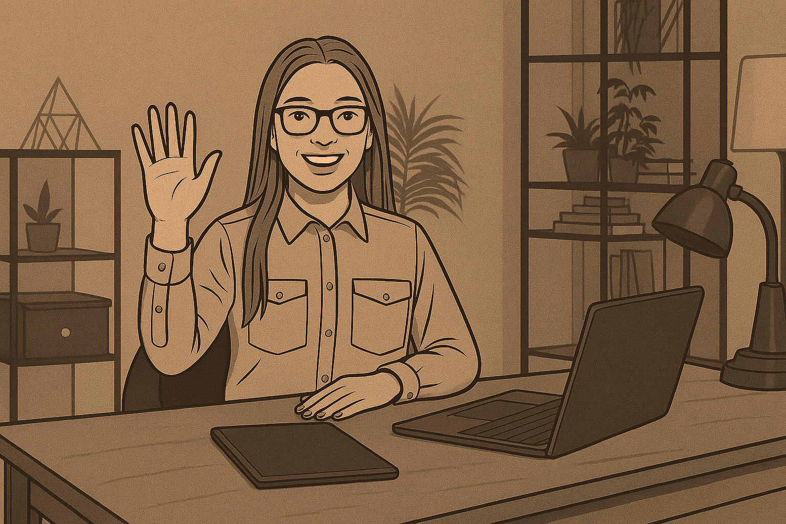 Woman sitting at a desk waving hello to the viewer