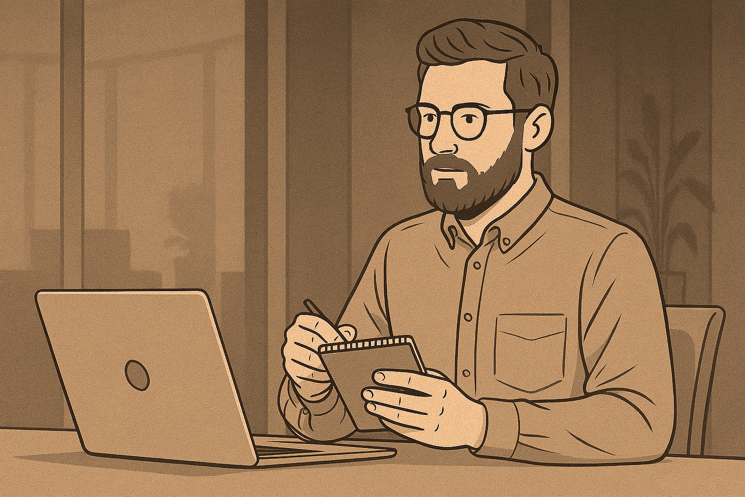 Learner taking notes in front of a laptop